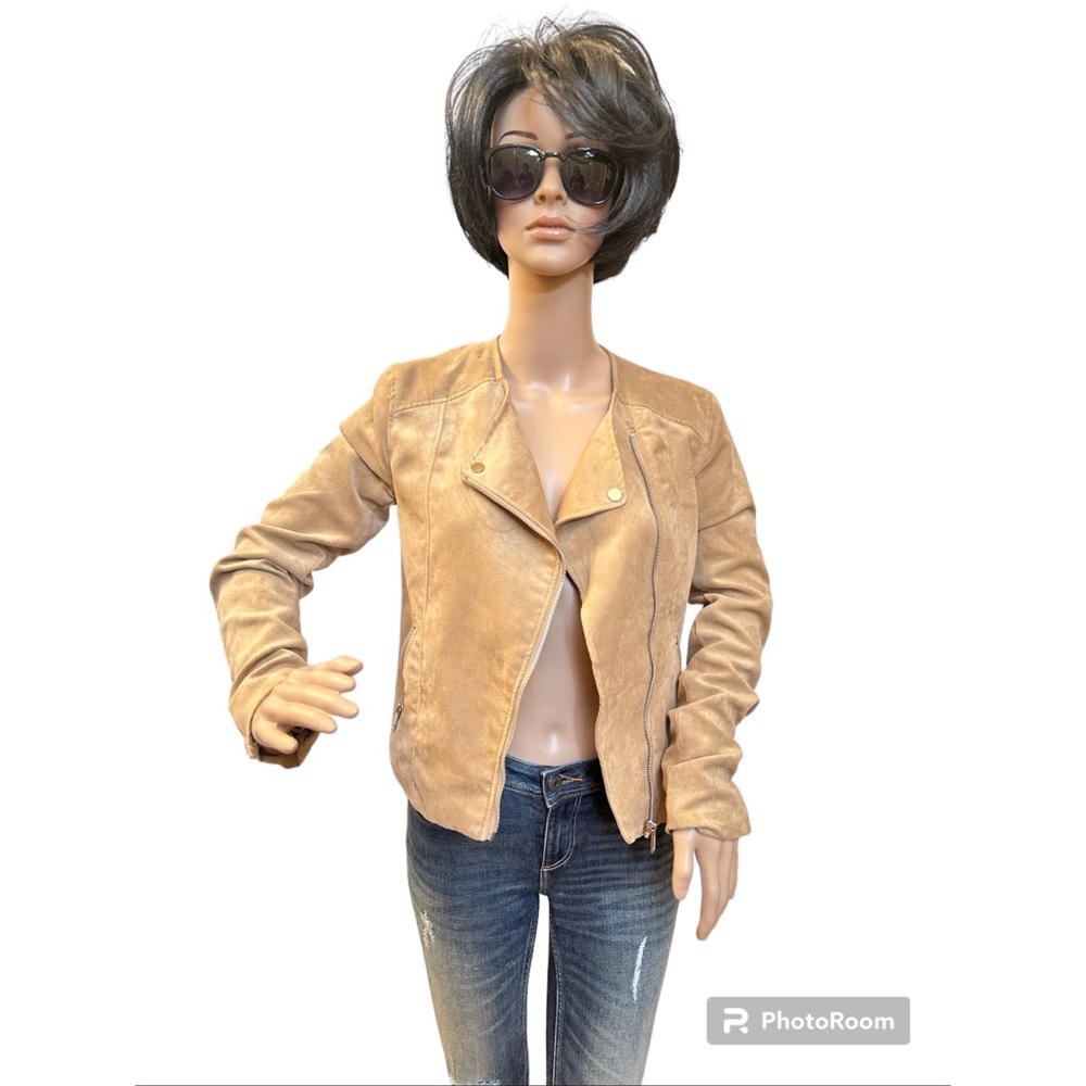 H&M Vintage Light Camel Microsuede Crop Moto Jacket, 6